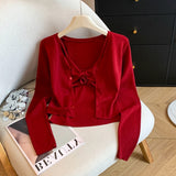 Spring And Autumn 2026 New Korean Version Of The 13-Line Repair Two Sets Of Flowers Knitted Slings Plus Simple Knitted Open Shirt