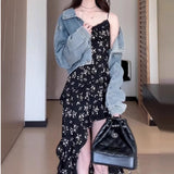 French Black Floral Slings With A Tie Dress Women's Summer New Holiday Wind Irregular Mid-Length Skirt