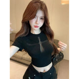 Black Hollow Perspective Cross Design Sense Short-Sleeved T-Shirt Girl Small Waist Repair Slim Thin Top Woman T