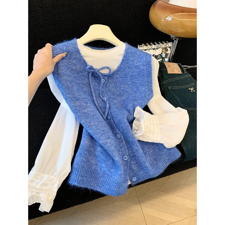 3.5/New In Spring XUAN XIAO JIE Gentle Wind Tie Knitted Vest Cardigan Woman