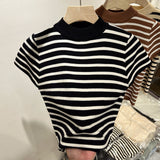 Half-High-Necked Striped Knitted Flying Sleeves To Fix The Little Shirt Girl's Short-Sleeved Bottom Shirt