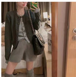 KANING Gray Fake Two-Piece Round-Neck Button Knitted Cardigan Women 2026 Autumn New Women's Korean Version Of Sweater Tide