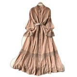 French Court Retro Elegant Dress Women's Collar Horn Sleeves To Close Single Buckle Lace Splicing Large Swing Dress