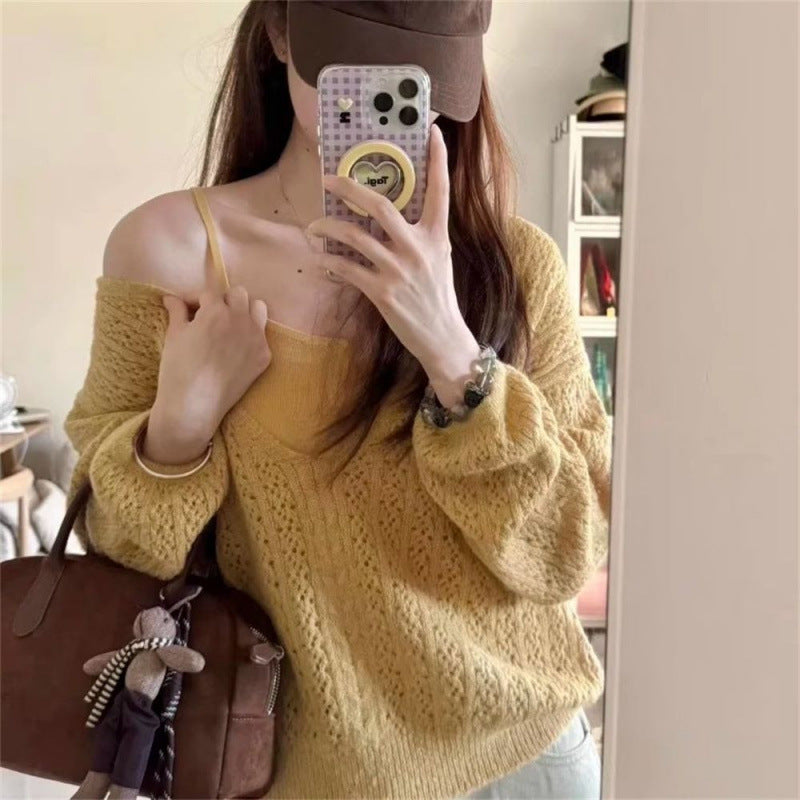 3.8/New On Spring XUAN XIAO JIE V. Collared Sea Hollow Knitwear Slings Two Sets