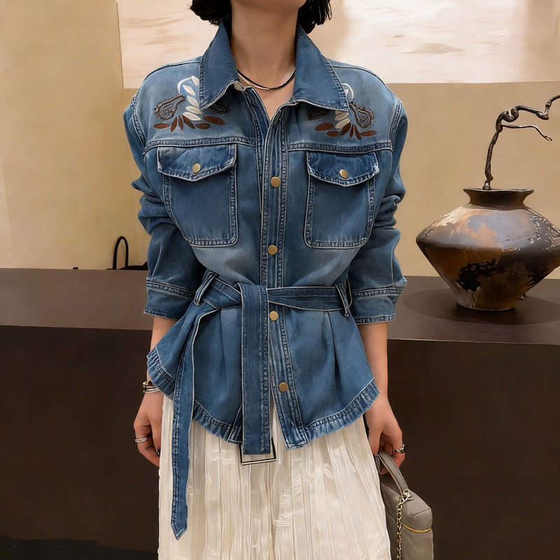 Heavy Industry Hand Embroidery Cowboy Jacket 2026 Spring New Collar Tie With Thin Jacket Top