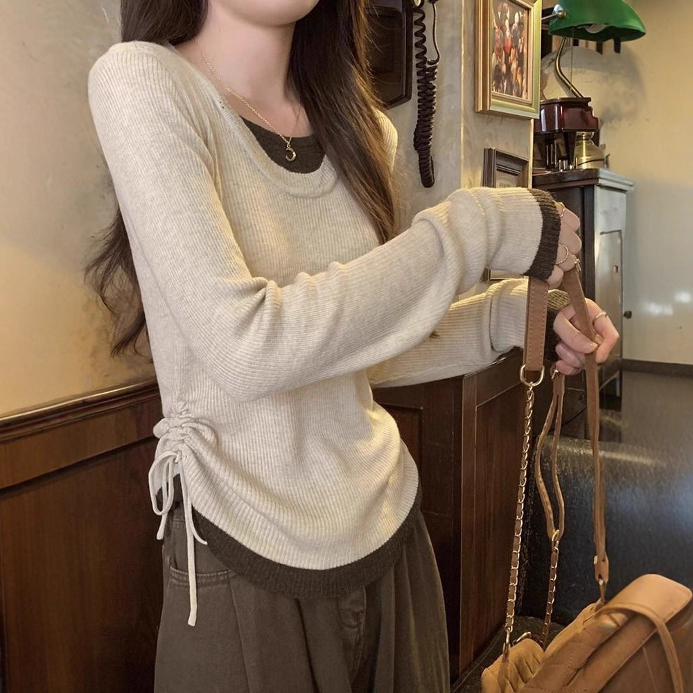 Fake Two Drawstrings Folded Long-Sleeved Women Early Autumn New Thin Design Top