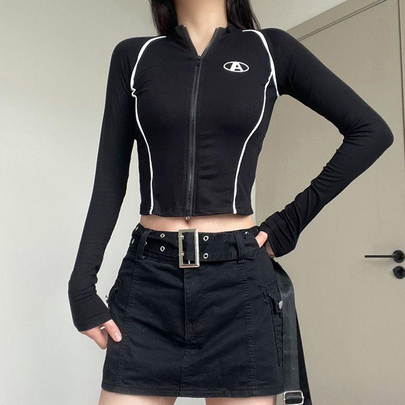 Spring Hottie Style Sexy Colliding Color Splicing Long-Sleeved T-Shirt Female Korean Version Design Tight Inside A Short Top Tide