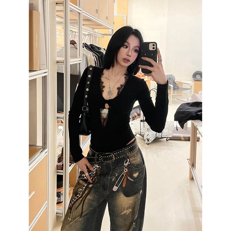 Sexy Babes V-Neck Long-Sleeved-Sleeved Women's Spring New Thin Inner Shirt Tight On The Body Tide