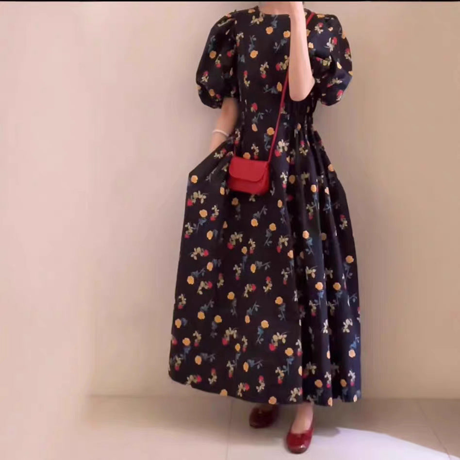 French Retro Black Collar Bubble Sleeve Shirt Dress Summer Waist Swing A Word Holiday Dress Woman