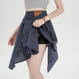Real Shooting Irregular Strapped Plaid Shirt Half-Dress College High Waist Thin Anti-Skinny Babes A Short Skirt