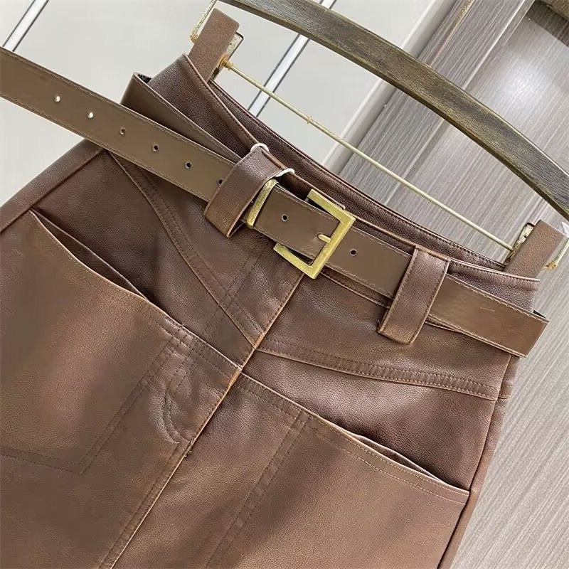 2025 Autumn And Winter New High-Waist Leather Skirt Half Dress Women's A Skirt Retro PU Leather Skirt Curry Color Bag Hip Small Leather Skirt