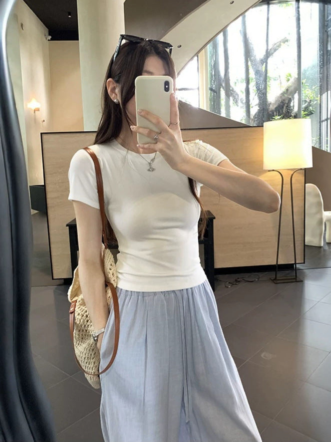 Solid Color Short-Sleeved T-Shirt Woman 2026 Summer Slimy Korean Commuting