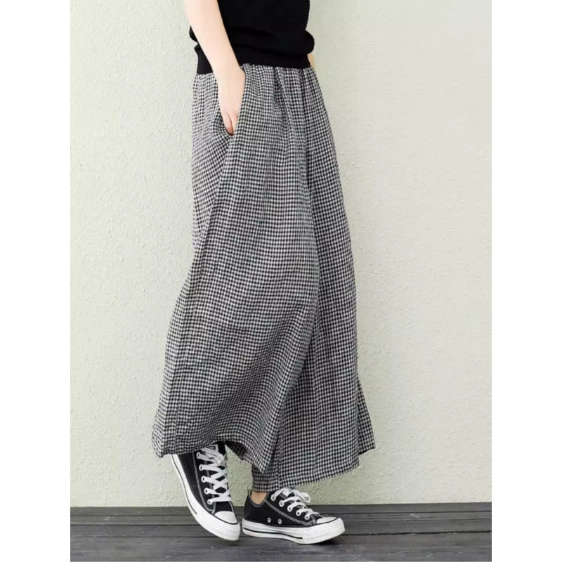 Large-Size Women's Clothing New Wind Tight Waist With A Thousand Birds Nine-Point Linen Broad-Legged Leisure Pants