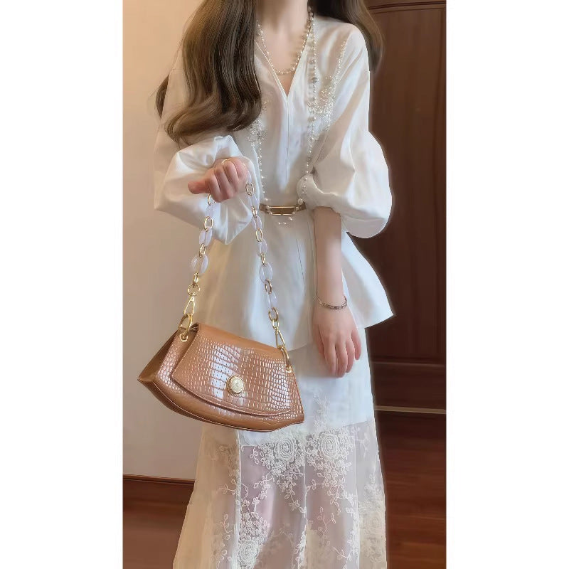 2025 Autumn Retro New Chinese Style Giant V-Neck Lantern Sleeve Top & Net Yarn Fishtail Skirt Suit
