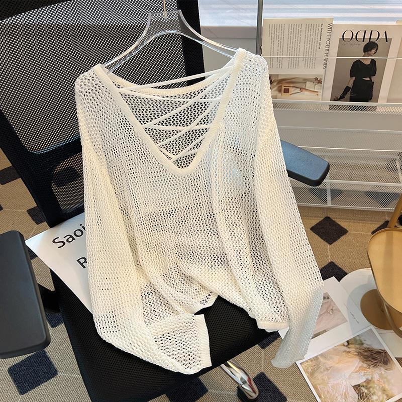 KANING Black And White Striped Hollow Ice Silk Knitted Women's Long Sleeves Loose Languid Hooded T-Shirt T-Shirt Babes Hollow Blouse