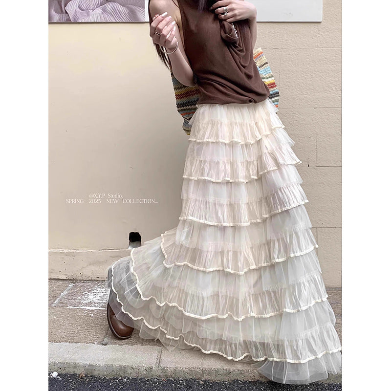 [Original Practice] Korean Court Style Rice Apricot Silk Velvet Cake Layer Unkempt Net Yarn Half Skirt