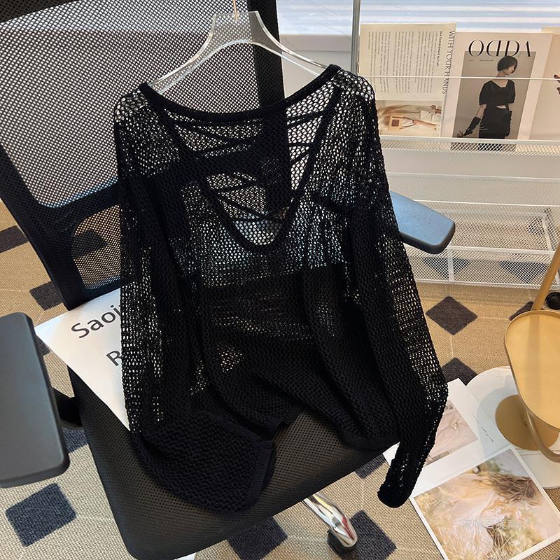 KANING Black And White Striped Hollow Ice Silk Knitted Women's Long Sleeves Loose Languid Hooded T-Shirt T-Shirt Babes Hollow Blouse