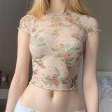 Vintage Crumid Print Mesh Yarn Short-Sleeved T-Shirt Girl Summer Sweet Hottie Slim Slimming Short Top