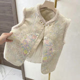 New Chinese Wind And Cotton Thicken Collar Buckle Embroidered Vest Winter Temperament Warm Loose Woolen Collar Top