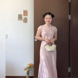 Large-Size Fat MM New Chinese-Style Improved Pink Cheongsam Dress Gentle Wind Temperament To Close The Waist Thin A Word Long Dress
