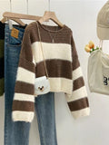 Short Knitted Striped Hooded Sweater 2025 Autumn Coat Women New Retro Loose Outer Wear Lazi Knitted Shirt