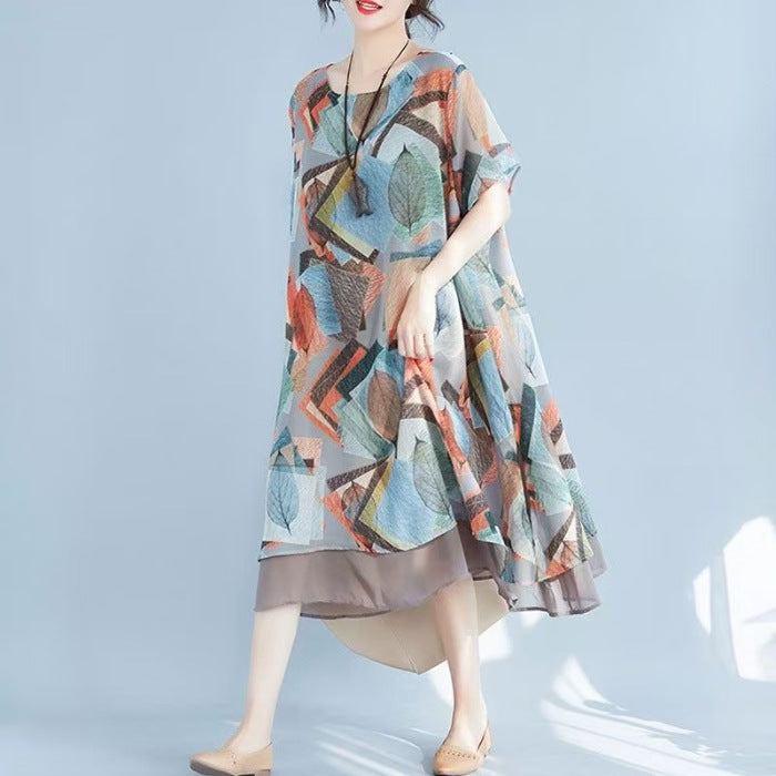 Chiffon Crash Dress Summer New Large Size Women's Fat Mm Loose Belly Middle-Native Mother Casual Dress