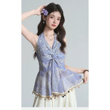 Summer Sexy Sister Wind Hanging Neck Tuxed Back Twistry Tucked Tucking Blouse Tucking Shirt