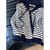 KANING Simple Color Buckle Hooded Striped Knitted Cardigan 2026 Autumn New Loose Thin Sweater Jacket