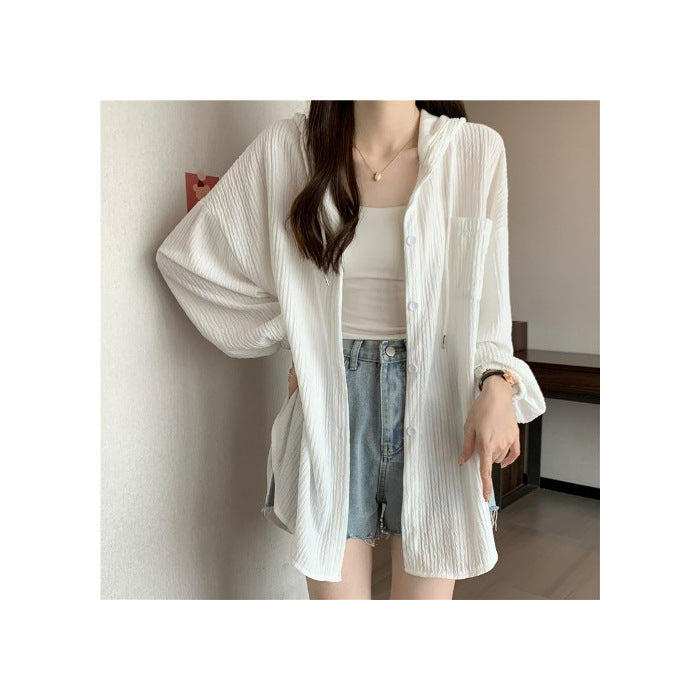 [] Medium And Long White Thin Hooded Sunscreen Shirt Coat Women's Large Summer Outside The Shirt Top
