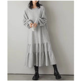 2026 Spring Literature And Art Loose Large-Size Women's Round-Neck Long-Sleeved Lotus Leaf Dress Over Knee Fishtail Dress