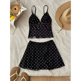 Fashion Korean Style Retro Wave Dot Mesh Yarn Babes Sling Women Summer High Waists Thin Pure Desire Casual Short Skirt Set