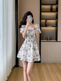 French Collar Ink Painting Broken Flower Dress Summer New Small Super Fairy Waist Thin A Word Short Skirt