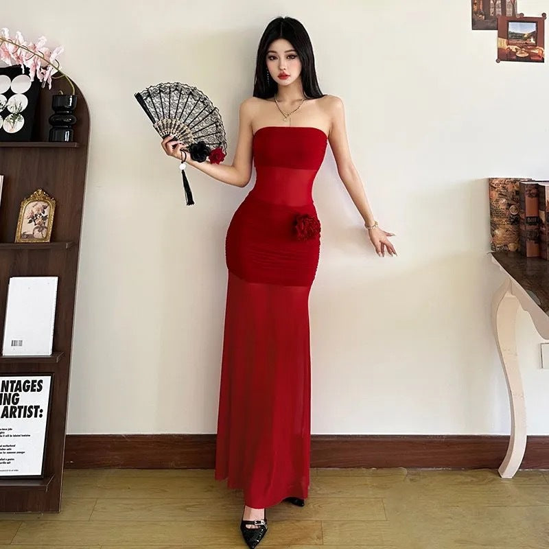 Bright Roses Sexy Perspective Braided Red Dress Femininity Slim Slimy Ass Long Dress