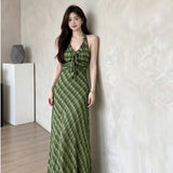 Fresh Green Lattice Out-Shoulder Hanging Neck Dress Female Xia Sen Style Temperament High Tice With A-Word Dress