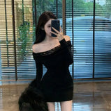 Pure Style Sexy Slanted Shoulder Long-Sleeved Dress Women Autumn And Winter New Design Lace Splicing Body Ass Skirt