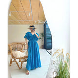 Korean Chic Summer Vintage V-Neck Drawstring Tethered With Wooden Ear Lotus Leaves Folded Waist Flying Sleeve Dress Woman