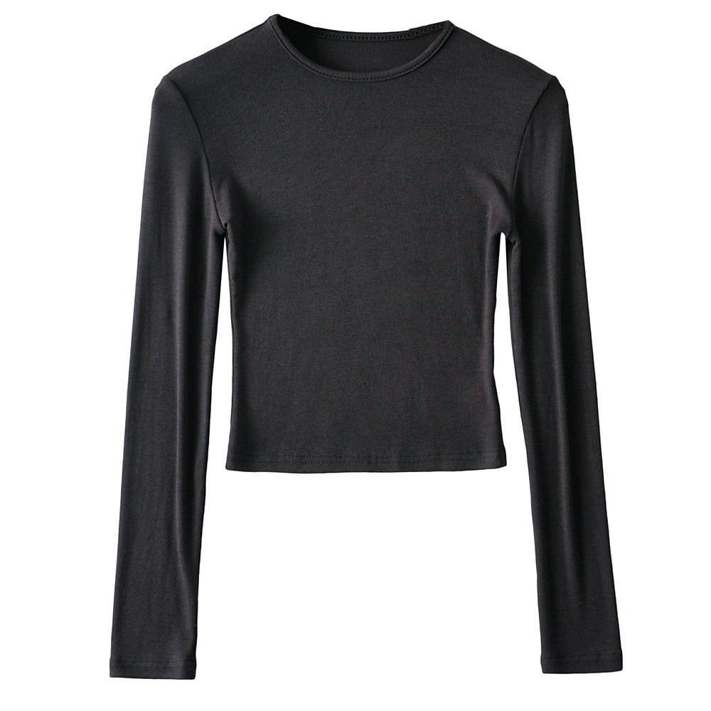 Hottie High Elastic Short Small Neck-Up T-Shirt Exposed Belly Button-Button Tight Bottom Shirt