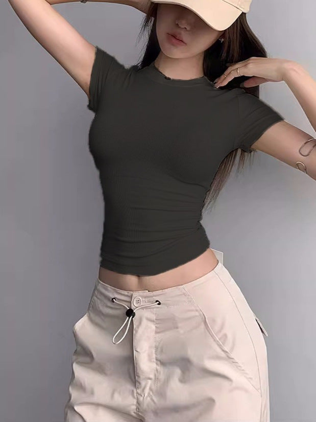 Ins Sexy Pure Desire Tight-Up Thread High-Bomb Short-Sleeved Women T-Shirts With Round Body Collar Solid-Color Bottom Top Women
