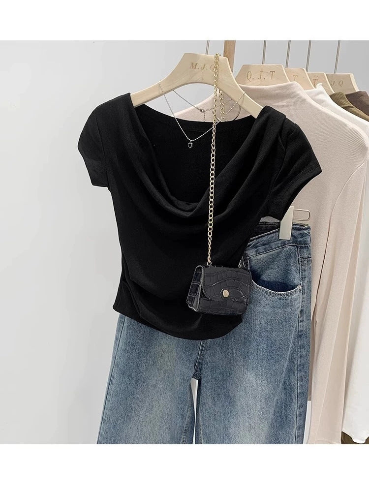 Ins Design Collared Shoulder T-Shirt Women's Short-Sleeved Summer Short-Sleeved Bloat To The Waist Sexy Pure Lust Sympathetic Girl