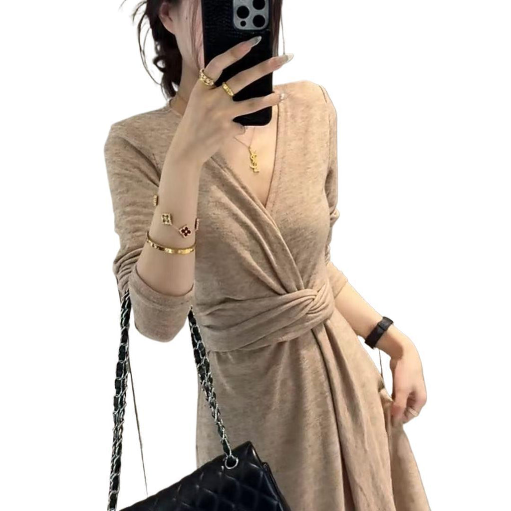 (Original Fabric) Temperament Strap V Tie Knot Dress Women's Autumn New Pure Lust Wind To Show Skinny Dress