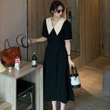 Hepburn Style Splicing Colliding Color Doll Collar Dress Senior Feeling Girl Summer Loose Adjustment Waist A Word Long Skirt