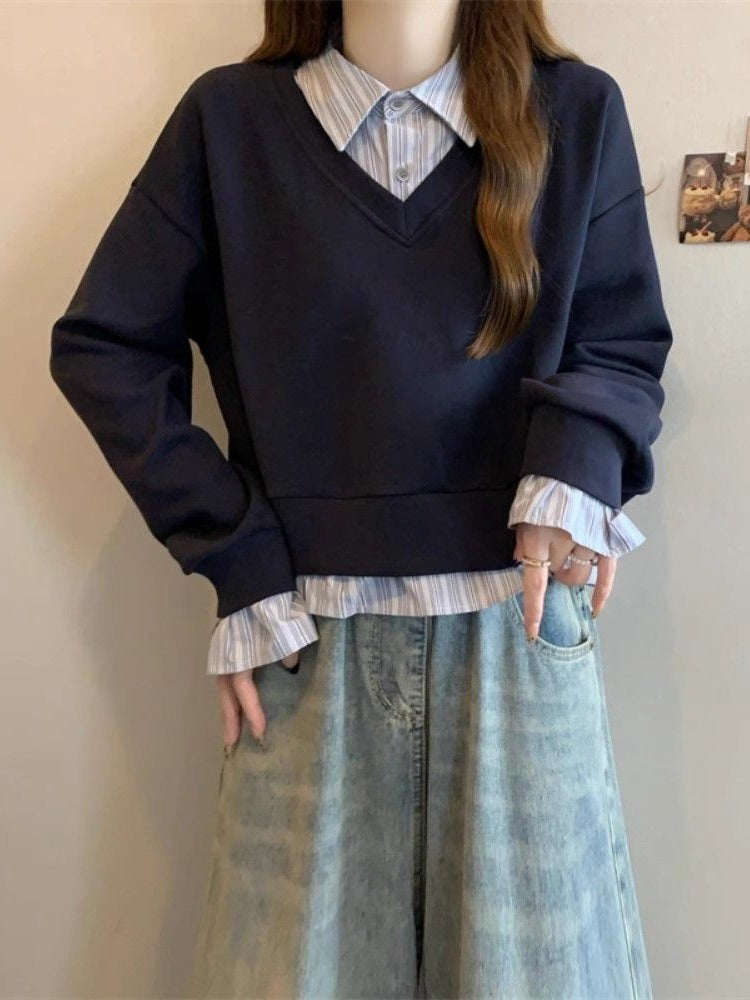 Shirt Splicing Fake Two Women's Spring And Autumn Large-Size Micro-Fat Mm Thin Short College Style Polo Collar Top