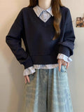Shirt Splicing Fake Two Women's Spring And Autumn Large-Size Micro-Fat Mm Thin Short College Style Polo Collar Top