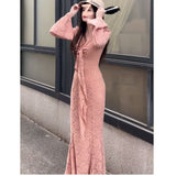 Sexy Purple V-Neck Lace Dress Femininity Bodybrets With Hip Dress Fishtail Dress