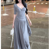 Gray V-Neck Dress Women Autumn Pure Lust Wind Gentle Lazy Temperament Slim Slim Slim Beautiful Beautiful Beautiful Long Dress