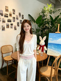 Sweet White V-Neck Short-Sleeved T-Shirt Women's Summer Pink Striped Sling Back