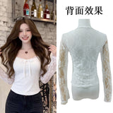 Sexy Babes Lace Splicing Collar Long-Sleeved T-Shirt Girl Summer New Slimming Inside And Outside To Put On The Tide