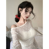 Fashion Design Sense Niche Lace Hollow Long-Sleeved T-Shirt Girls Autumn Winter Repair Outside The Sexy Hottie Clothes