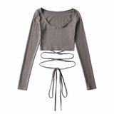 Roal Tie With Jersey Long-Sleeved Women's Clothing 2025 New Solid Color Round Collar T-Shirt Girl