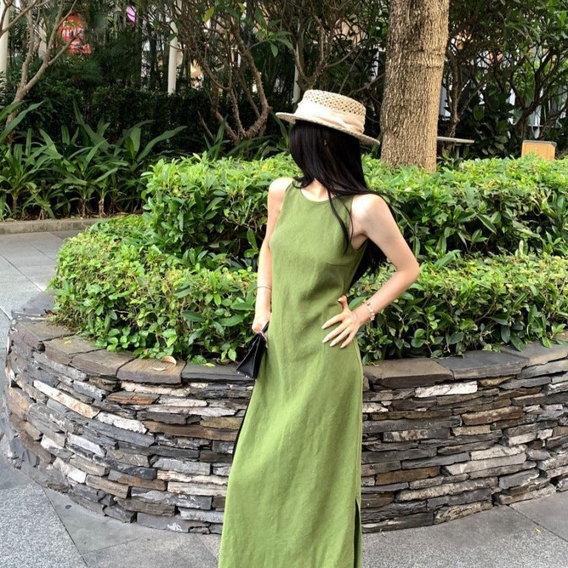 2025 Holiday Style Retro Green Vest Dress Women's Summer Waist Is Thin And Chic Niche Dress
